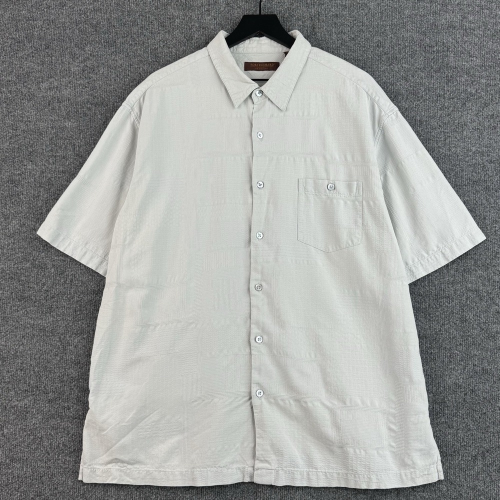 Tori Richard Hawaiian Button Up Shirt Mens 2XL Light Gray Silk Travel Vacation
